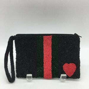 Moyna Black, Green & Red Beaded Wristlet Pouch